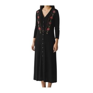 Vintage 90s Karin Stevens Petite M Black Wool Blend Sweater Dress Embroidered